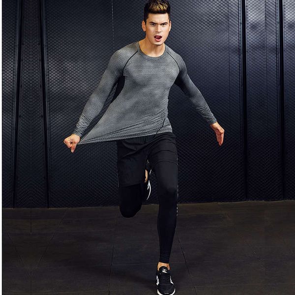 

fitness men's three piece long sleeve running training tights gym scale suit, Gray