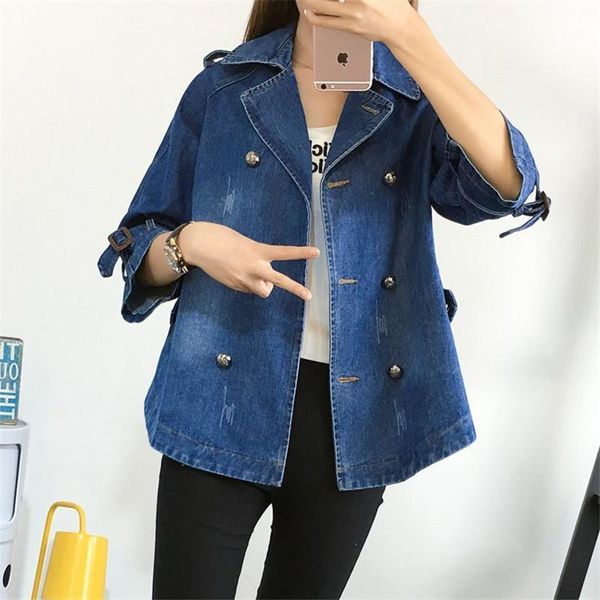 

2020 autumn denim jackets women long sleeve vintage double-breasted denim cloak coat large size loose female windbreaker r4431, Black;brown