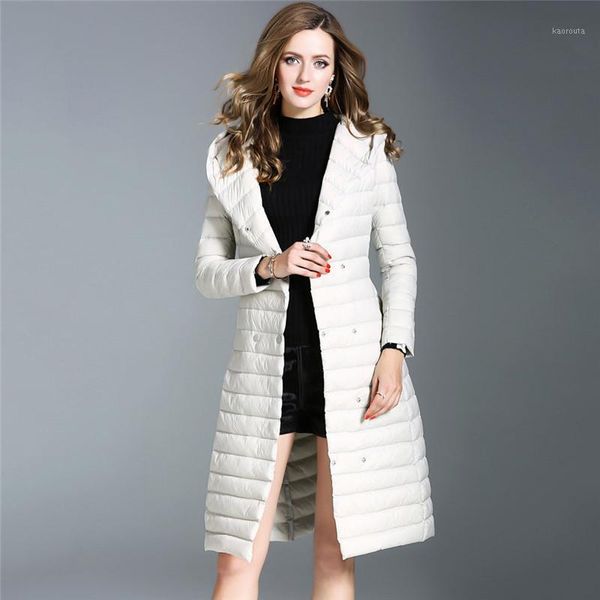 

2020 autumn and winter new korean women long jacket hooded ultra light white duck down coat fashion slim parkas 5821, Black
