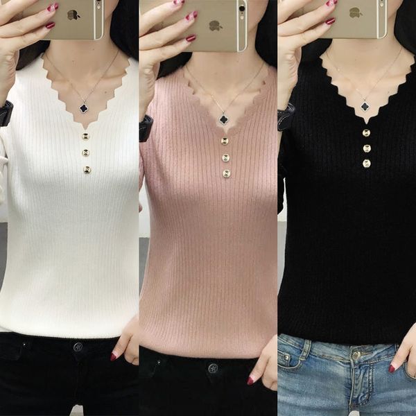 

autumn and winter women's new 2020 thin solid color sweater korean thin with winter women's v-neck and bottom layer iilcg, White;black