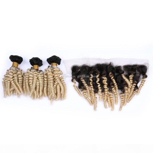 

aunty funmi curly #1b 613 3bundles with 13x4 lace frontal ombre 1b 613 hair extension with ear to ear full lace frontal pieces, Black