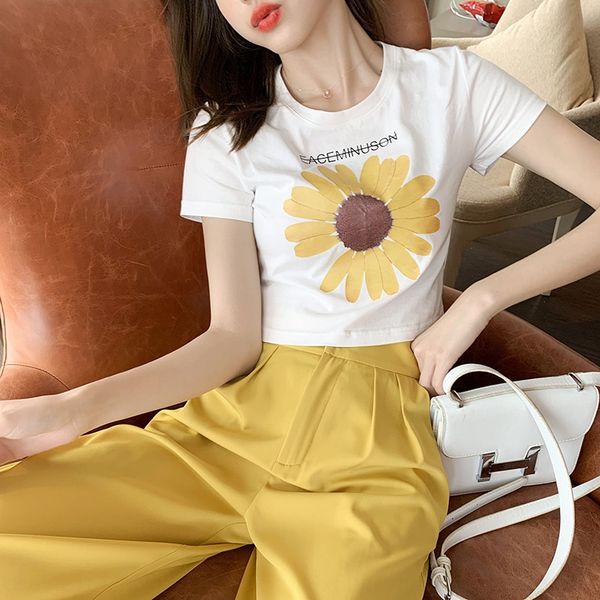 

daisy short sleeve t-shirt women's fashion 2020 summer dresst-shirt dress korean new versatile round neck print dress for girls fdf9t, White