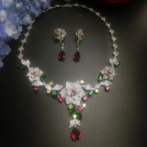 

new luxury micro pave cubic zirconia multicolour big flower women wedding costume necklace flowers jewelry set for brides, Silver
