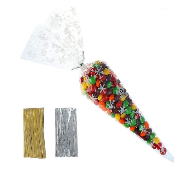 

gift wrap 100pcs christmas snowflake clear cone treat bags cellophane plastic favor candy popcorn handmade cook1