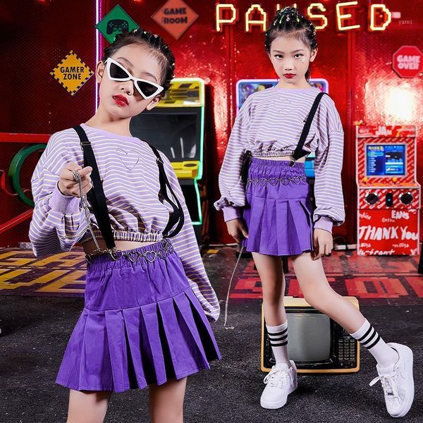 

girls's hiphop clothes purple stripe sweater jazz dance skirt children modern ballroom dance costume stage show wear dnv140161, Black;red