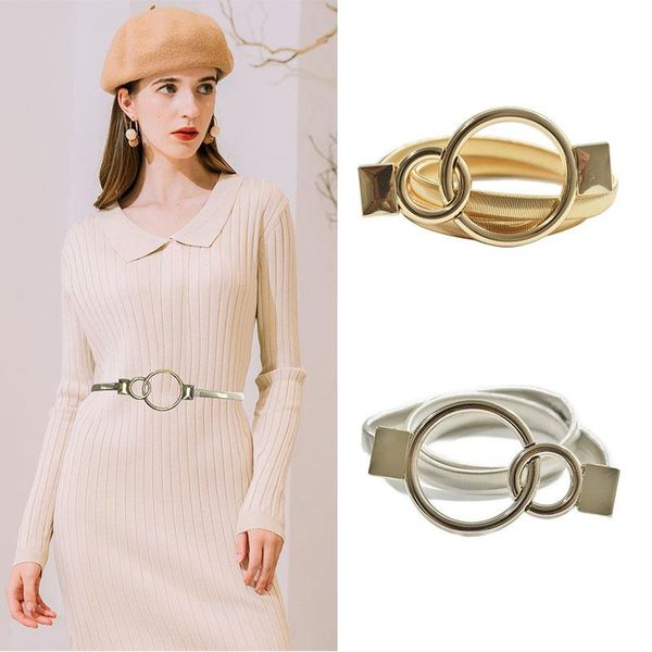 

double ring circle waist belt ladies dress belt stretch gold women metal thin chain designer female waistband ceinture femm, Black;brown