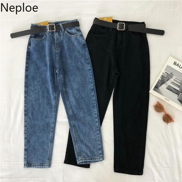 

neploe high waist women jeans spring 2020 korean zipper button pockets pants solid sashes ankle length female trousers 812431, Blue