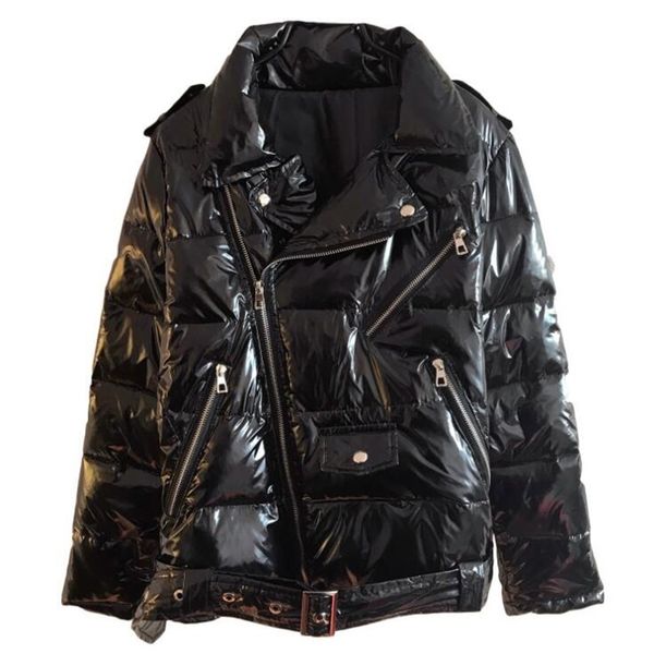 

warm patent leather glossy parka women black zipper jacket women windbreaker coat winter glossy down parka for wome 201019
