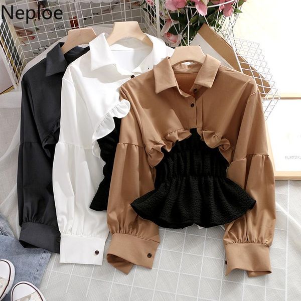 

neploe blouse women blusas mujer de moda 2021 fall clothes patchwork fake two blouses sweet ruffles short chic shirt 4f605, White