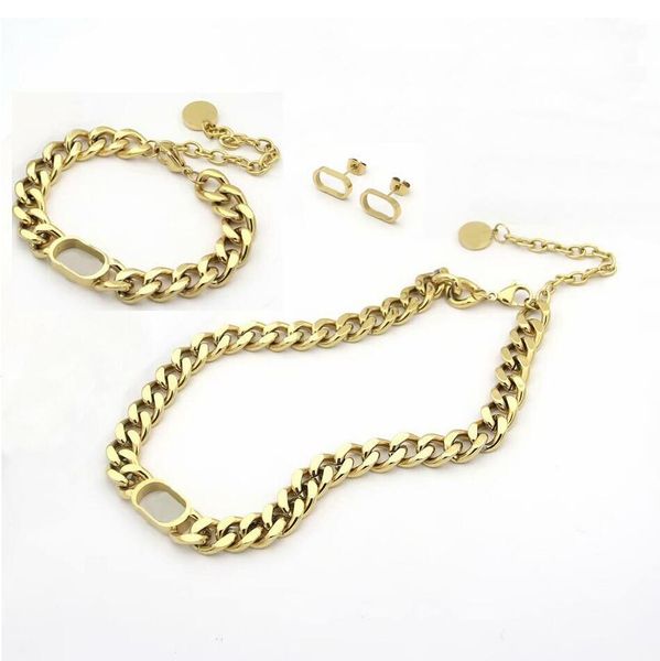 

fashion jewelry sets women lady silver/gold finish metal thick chain choker necklace bracelet earrings with two letter pendants
