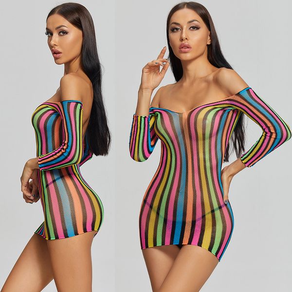 

lingerie harnesses babydoll bodysuit lingerie crotchless colorful rainbow onesies perspective long-sleeved fishnet, White