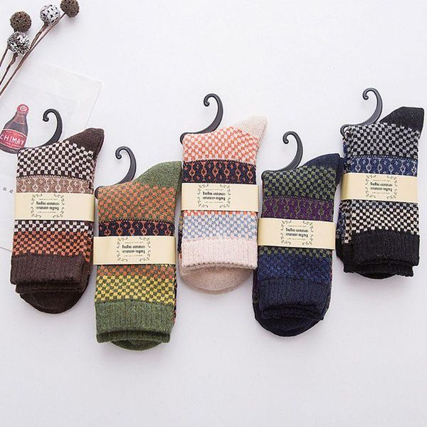 

men's socks mens vintage ethnic woolen warm long checked striped geometric ribbed knit, Black