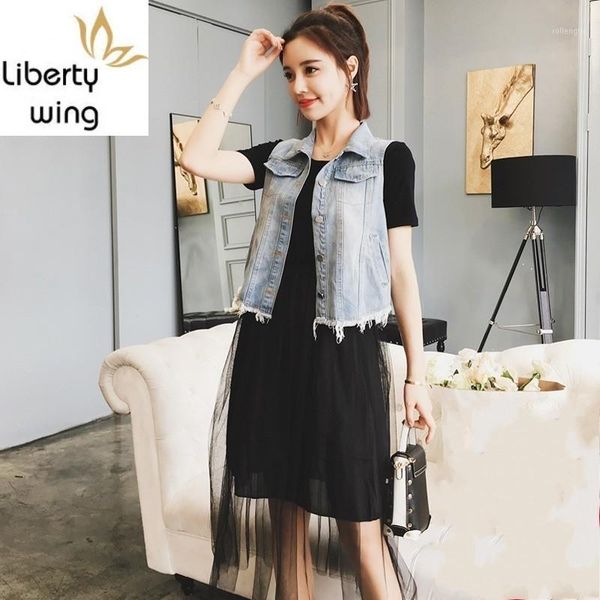 

plus size short sleeve summer female fashion slim fitness black dress tassle denim vest femme dress+vest two piece1, White