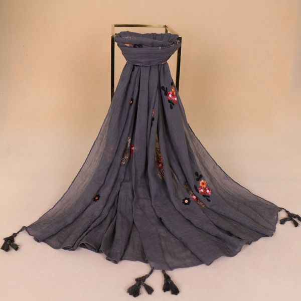 

fashion embroidered floral tassel viscose scarf new spring printed long soft aztec scarves wrap pashminas hijab shawl stole y201007, Blue;gray