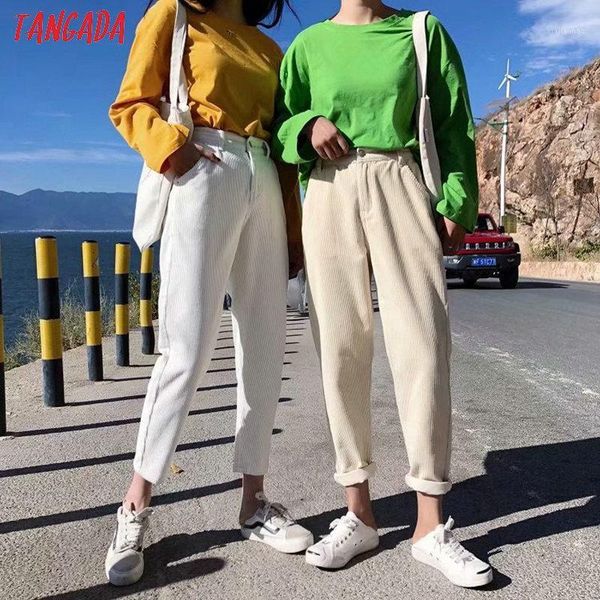 

tangada 2020 autumn winter women corduroy harm pants long trousers pockets zipper female thick warm pants 7b101, Black;white