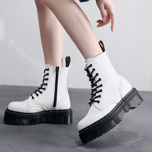 

women ankle boots 2021 for boots winter platform shoes thick heels motocycle white chunky waterproof leather gothic boat, Black
