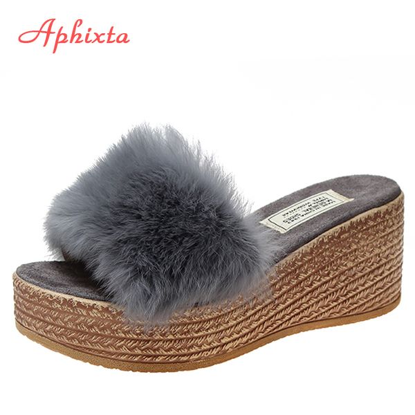 

aphixta 7cm wedge heels warm fur women slippers wood grain women's shoes winter platform women shoes home slipper zapatos mujer x1020, Black