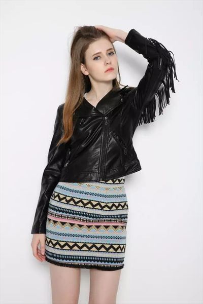 

женщины мотоцикла кисточкой fringe искусственной кожи пальто куртки с длинным рукавом осень зима байкер outwear черная куртка женский street, Black