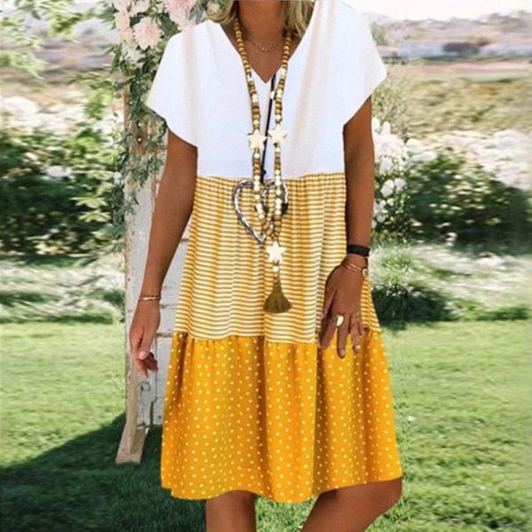 

casual female sundress vintage v-neck striped print dress women short sleeve dress plus size elegant patchwork party vestidos #1e53, Black;gray