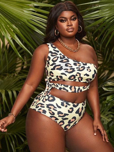 

plus leopard one shoulder bikini swimsuit x0z7#, Black