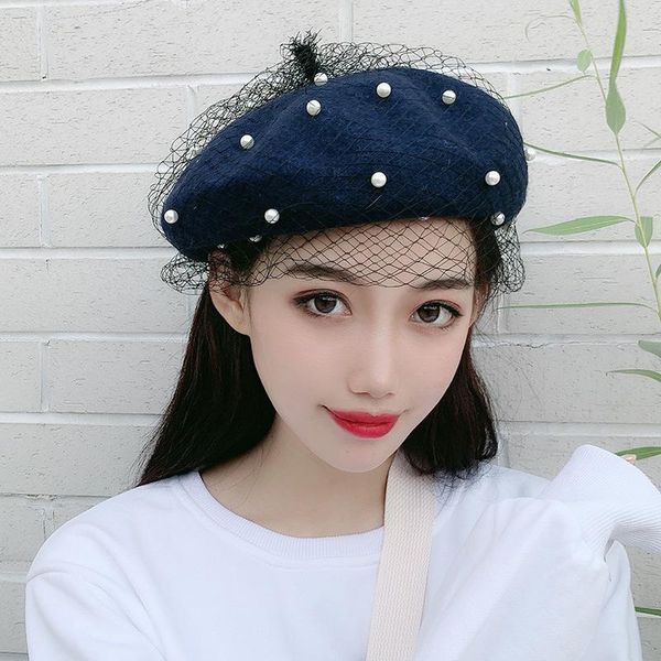 

wool fragrance pearl mesh beret british retro painter hat pumpkin hat, Blue;gray