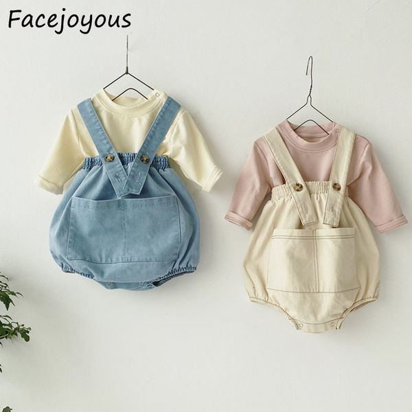 

2021 new spring girls boy suit kids baby casual long sleeve t-shirt+denim overalls newborn clothes set infant clothing 1v50, White