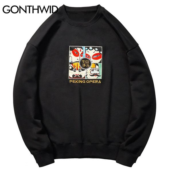 

chinese style embroidery peking opera pullover sweatshirts hoodies mens harajuku hip hop fashion casual streetwear kg-246, Black