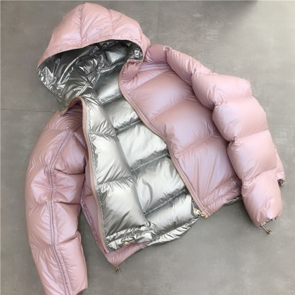 

ailegogo gold silver double side coat winter jacket women hooded white duck parkas female warm snow down outerwear, Black
