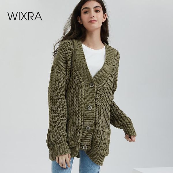 

wixra knitted chunky cardigan sweater women pockets solid thick clothing stylish sweater for female autumn winter 201030, White