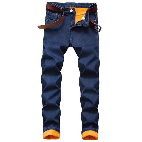 

2020 winter new men's warm jeans business casual elasticity thick gold fleece slim denim pants brand trousers blue plus size 42