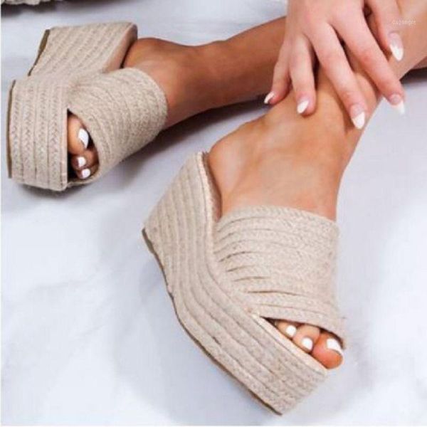 

slippers 34-43 women's straw slipper platform high heel sandals wedge z1941, Black