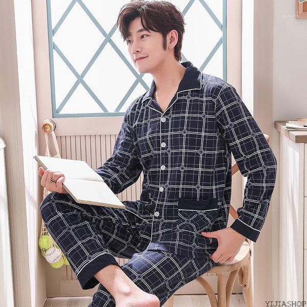 

new men's cotton pajamas set pieces casual pajamas lattice spring home service men's large size cotton set1, Black;brown