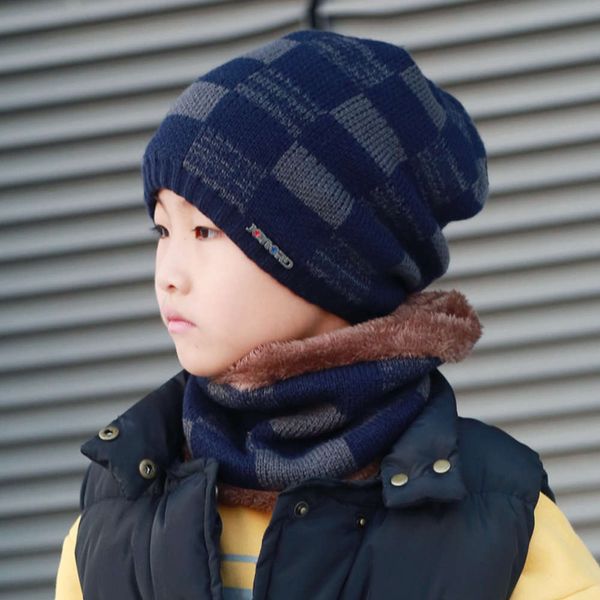 

plaid winter warm baotou boy's turban tide bib primary middle school students cycling hat, Black;white