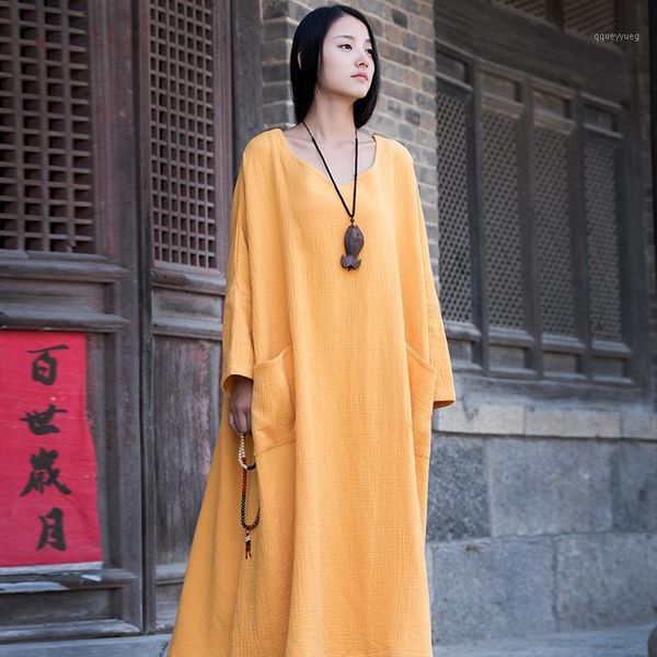 

casual dresses 2022 cotton and linen long vestidos vintage batwing sleeve pocket plus size women maxi summer dress1, Black;gray