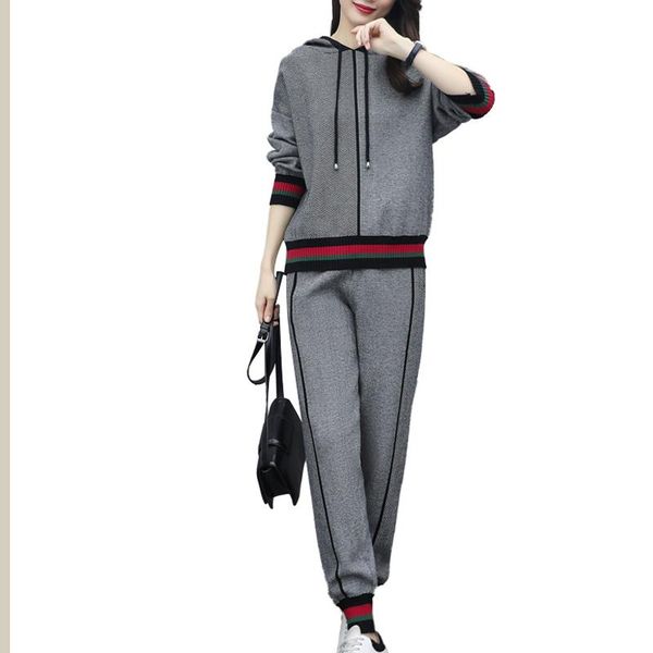 

autumn women gray knitted suit two piece set plus size hooded sweater and pant matching sets outfit tracksuit sport suit