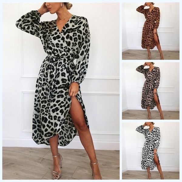 

casual leopard sleeve spring autumn vintage ladies dress animal print v-neck long maxi party dresses y200805, Black;pink