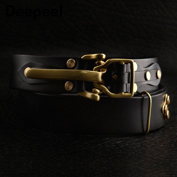 

deepeel 1pc 3.8*110-125cm men's first layer cowskin belt diy handmade genuine leather knight belt brass pin buckle waistband, Black;brown