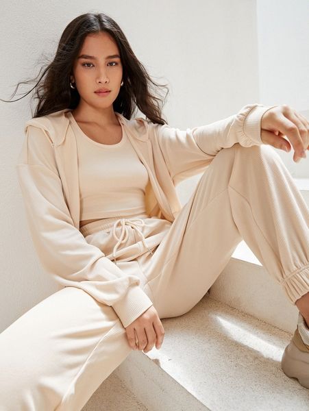 

zip up drop shoulder drawstring hoodie & sweatpants & tank z2el#, White