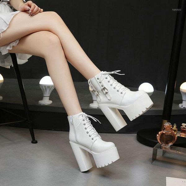 

women ankle boots heel high heels 14cm platform motorcycle boots round toe thick heel shoes a64-061, Black