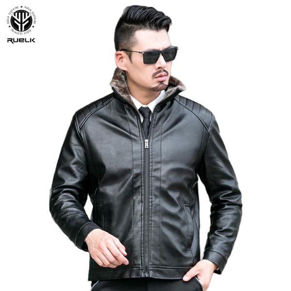 

men's fur & faux ruelk 2021 autumn and winter pu jacket outerwear leather dad integrated business, Black