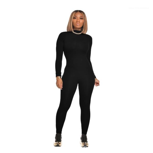 

jumpsuit half high collar long sleeve slim autumn rompers ladies trousers jumpsuit women solid bottoming, Black;white