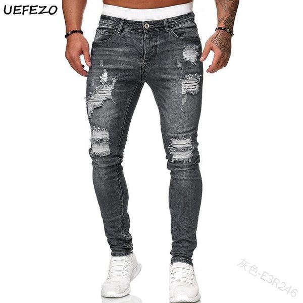 

uefezo mens solid color jeans 2020 new fashion slim pencil pants autumn casual hole ripped design streetwear trousers, Blue