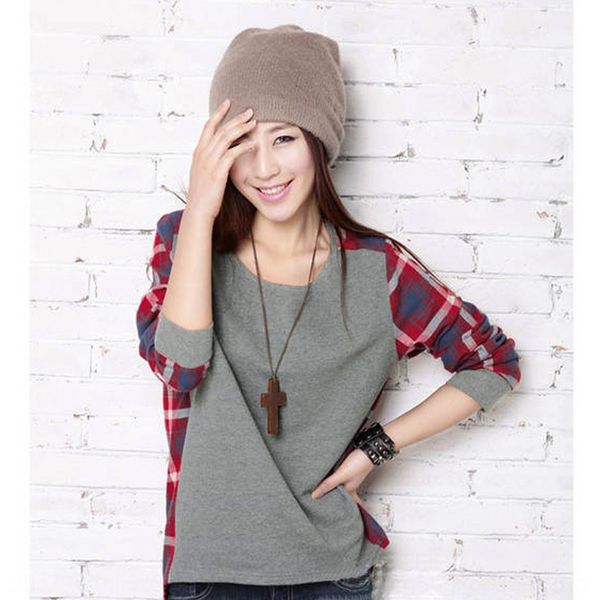 

весна осень и top sweatercoat sweaterwinter база рубашку свитер рыхлого шею женщин шить плед с длинным рукавом рубашки большого размера п, Black