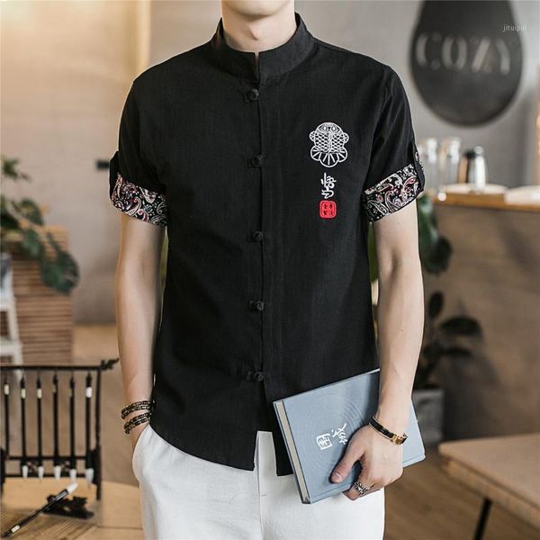 

new chinese style men's linen cotton summer short sleeve shirt dropshipping casual plate button embroidery plus-size shirt1, White;black