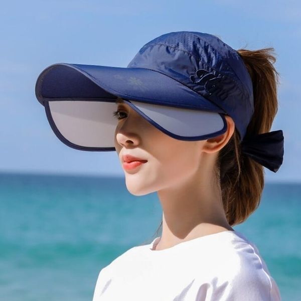 

summer retractable female empty hat riding uv outdoor woman beach sun visor hat caps t200602, Blue;gray
