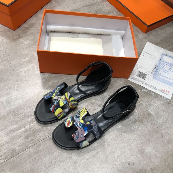 

flat bottom h-type sandals summer 2020 beach leather print buckle sandals versatile comfort roman style flat bottomed women's shoes, Black