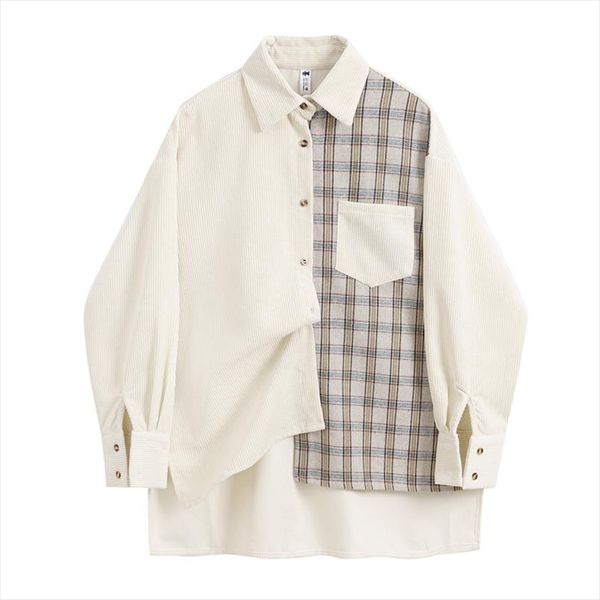 

oversize corduroy shirt khaki striped blouse long sleeve stitching plaid womens shirt 2021 fashion tide spring autumn, White