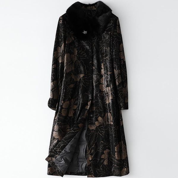 

long term stock] sheep skin collar coat women's new autumn and winter fur coat fashion leather down jacket, Black