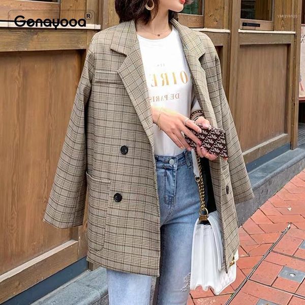 

genayooa vintage blazer women coats and jackets women female blazer office ladies plaid jacket korean style1, White;black