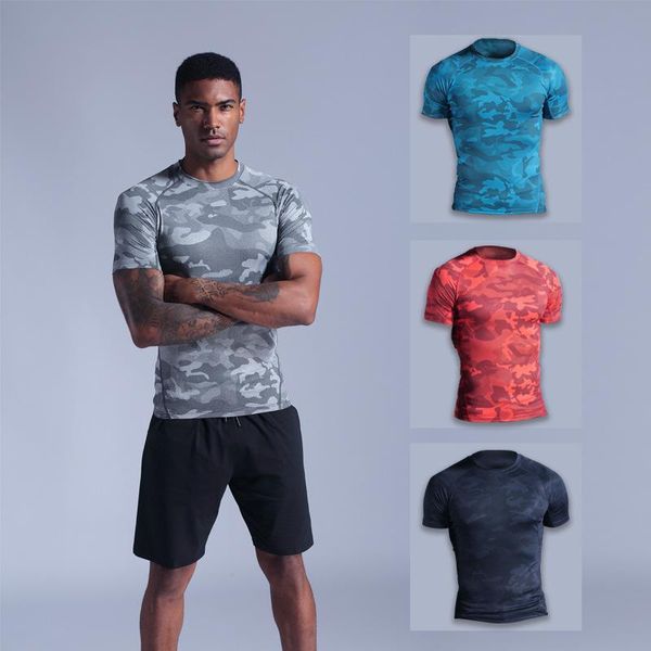 

men's camouflage fitness sportswear quick-drying elastic basketball training muscle vest short-sleeved sports t-shirt sportswear, Gray;blue